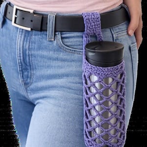 Clip-on water bottle holder, Hiking fitness travel accessory, Crochet bottle carrier with belt loop and carabiner, Choice of color and size