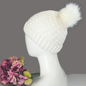 White wool beanie hat with optional pom pom, Handmade crochet cashmere blend winter accessory, Stylish designed hat birthday gift for her