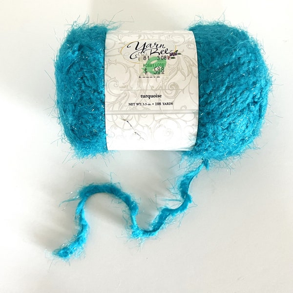 Yarn Bee Airy in Turquoise color,  Bulky weight nylon with sparkle, Destash discontinued eyelash fur yarn, Knit crochet DIY gift