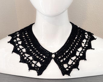 Collar de encaje de crochet negro estilo vintage con cuentas blancas y negras, collar desmontable hecho a mano para cosplay o regalo.