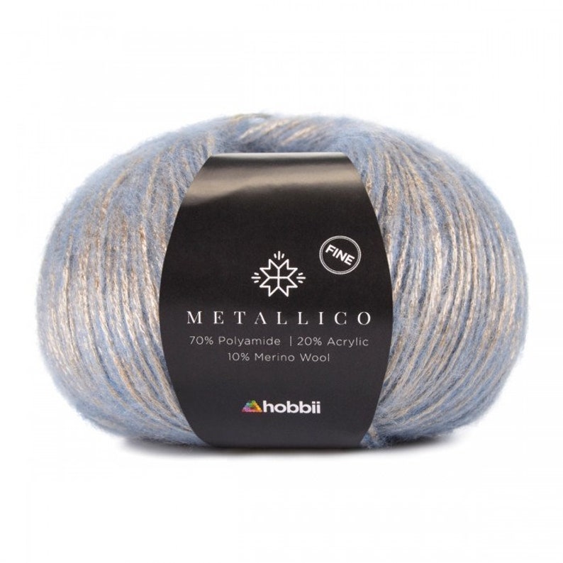 Hobbii Metallico Fine yarn, Choice of 4 colors, Shiny elegant sport weight 2 yarn, knitting or crochet yarn gift, Polyamide wool acrylic Sky Blue Metallic-07