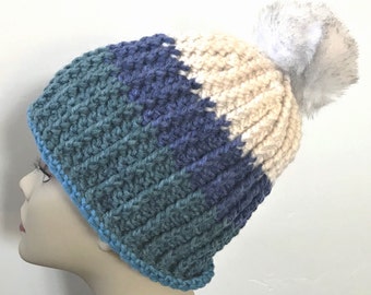 Crochet color block beanie hat with choice of pom pom, Blue and white striped winter hat, Handmade ribbed wool blend beanie birthday gift