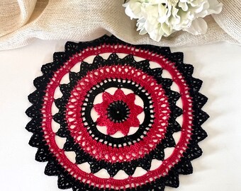 Crochet handmade doily in black and red, Boho home decor, 16 inch 40 cm mandala table mat unique housewarming gift, Modern cotton lace doily