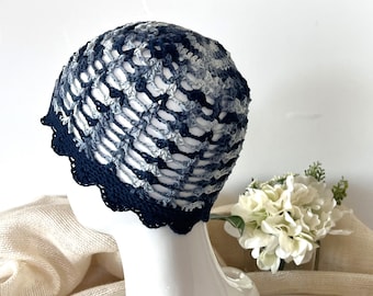 Flapper style hat in gray or navy, 1920s lacy cloche hat, Crochet womens cotton beanie, Stylish Juliet cap Christmas or birthday gift