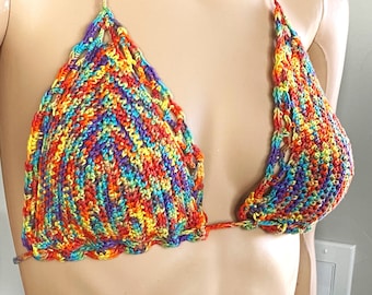 Womens bikini and festival top, Hand crocheted halter top in rainbow cotton for summer wear, Trendy bralette top in choice of cup sizes