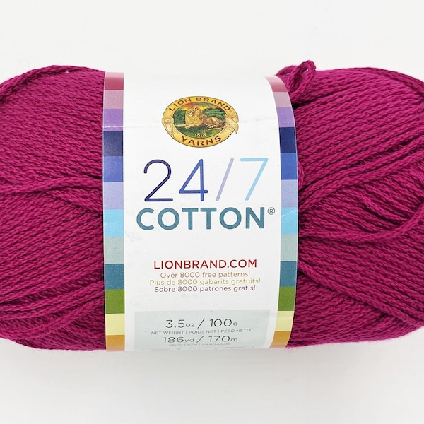 Lion Brand 24/7 cotton yarn, 144 Magenta, 186 yds 100% mercerized cotton worsted weight, home decor and clothing projects, Destashed yarns
