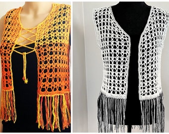 Crochet fringed cotton vest, Custom made boho vest for spring and summer festivals, Handmade lace up mesh top in choice of size and color