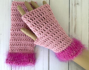 Crochet fingerless gloves in pink cotton with mohair cuffs, Handmade adult wrist warmers for cool weather