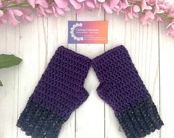 Wool crochet fingerless gloves, Purple and black wrist warmer, Handmade gloves for cool weather wear, Womens driving writing texting mitts