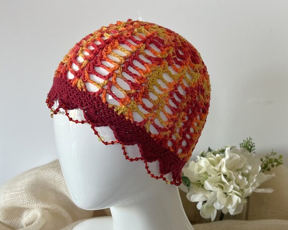 Crochet Flapper Hat With Beads in Red Orange and Yellow