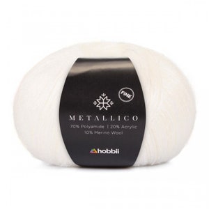 Hobbii Metallico Fine yarn, Choice of 4 colors, Shiny elegant sport weight 2 yarn, knitting or crochet yarn gift, Polyamide wool acrylic Pearl White - 01