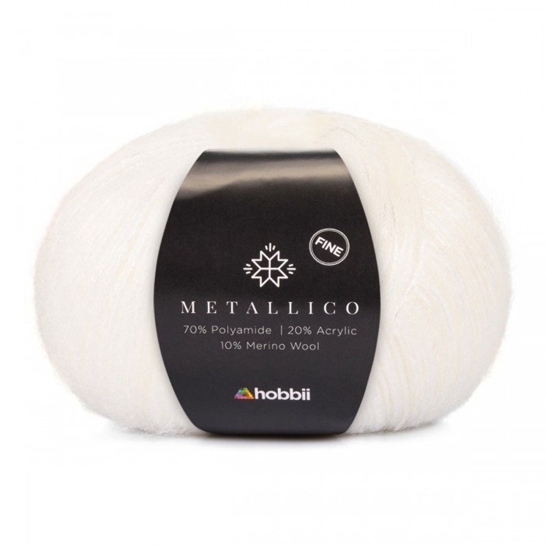 Hobbii Metallico Fine yarn, Choice of 4 colors, Shiny elegant sport weight 2 yarn, knitting or crochet yarn gift, Polyamide wool acrylic Pearl White - 01