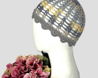 Crochet cloche in 1920 flapper style and gray blue yellow cotton, Handmade lacy Juliet cap for birthday Mothers Day gift or retro costume