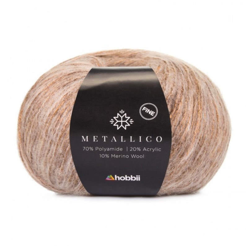 Hobbii Metallico Fine yarn, Choice of 4 colors, Shiny elegant sport weight 2 yarn, knitting or crochet yarn gift, Polyamide wool acrylic Golden Sand - 04