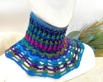 Crochet turtleneck collar blue and purple, Victorian high neck collar, Warm ribbed turtleneck neck warmer, Winter bib cowl birthday gift
