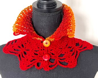 Crochet turtleneck collar with buttons, Victorian style red orange ribbed cowl neck warmer, Rib and lace turtleneck dickie birthday gift