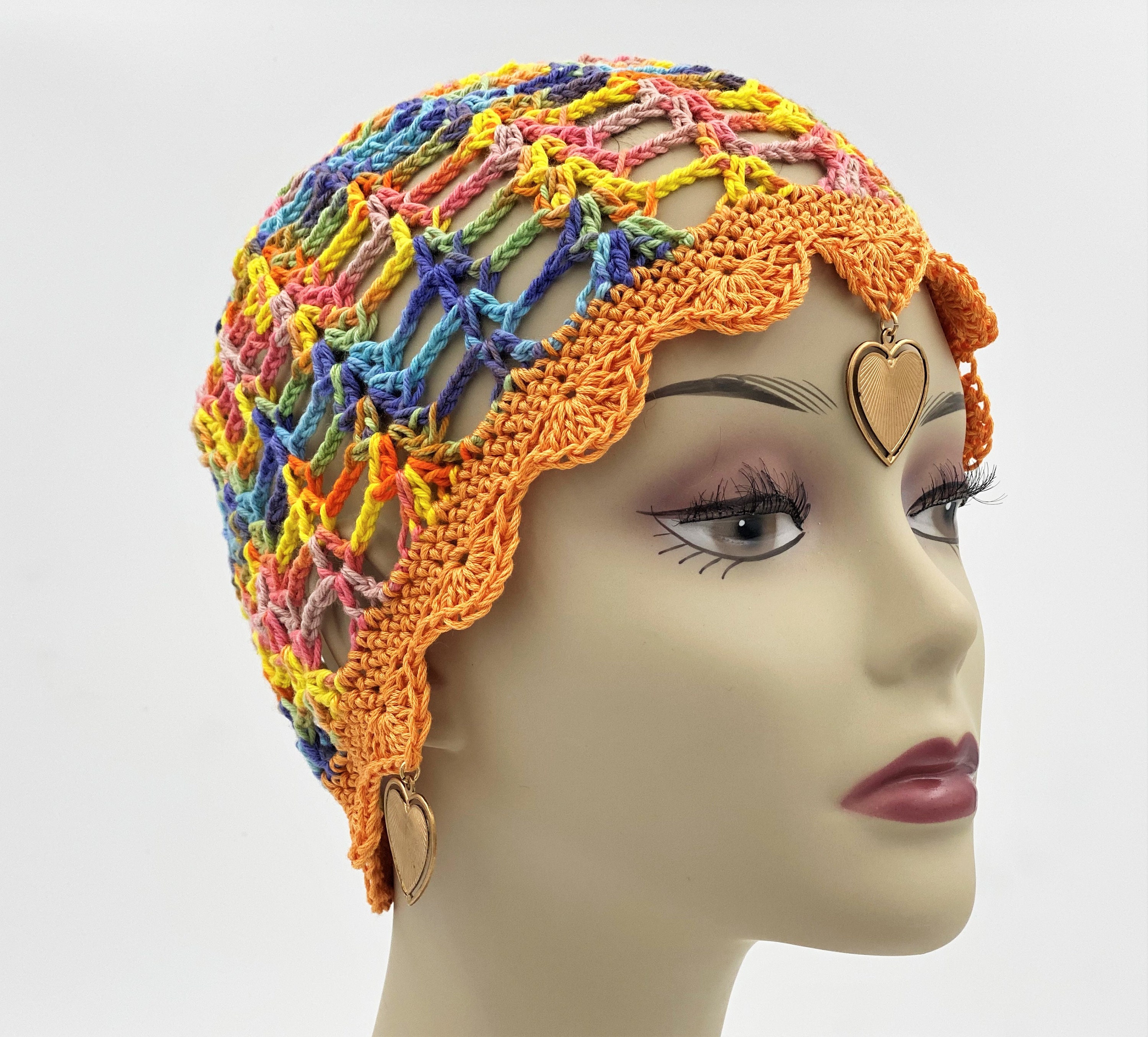 Crochet Juliet Cap With Heart Pendants 