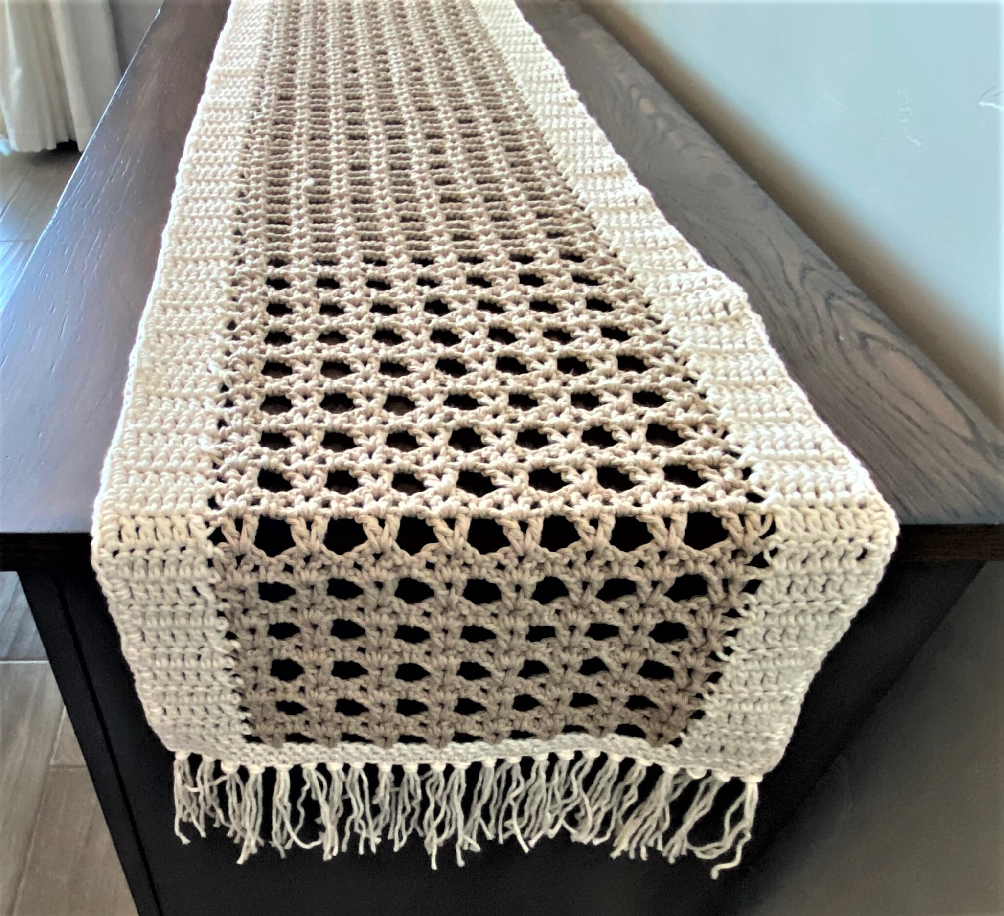 Crochet cotton table runner in beige and ivory, Cottagecore boho home decor 50 inch neutral color table mat, Handmade housewarming gift