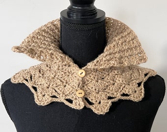 Crochet turtleneck collar with buttons, Victorian style beige ribbed cowl neck warmer, Handmade vintage inspired birthday gift for her