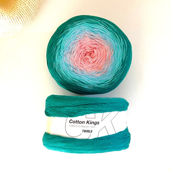 Hobbii Cotton Kings Twirls yarn, Amazonite color 53 color gradient cake yarn, Destash cotton yarn 874 yds size 2 Fine, Knit or crochet gift