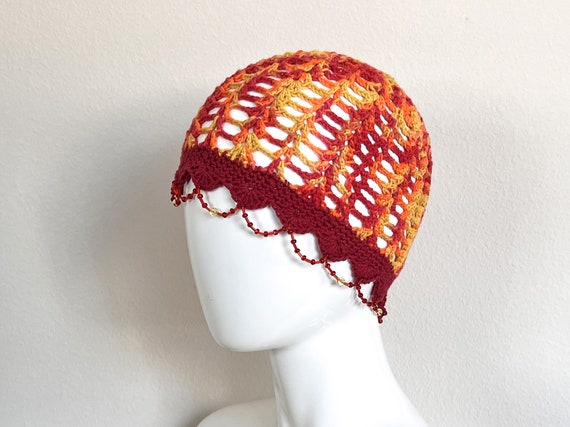 Crochet Flapper Hat With Beads in Red Orange and Yellow 
