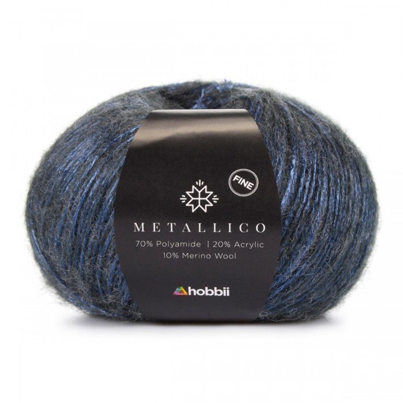 Hobbii Metallico Fine yarn, Choice of 4 colors, Shiny elegant sport weight 2 yarn, knitting or crochet yarn gift, Polyamide wool acrylic Titanium Blue - 08