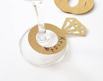 Diamond Ring wine glass tags, Glitter Ring Bridal wine glass tags, Wine glass diamond rings,  Paper engagement ring charm, Bridal Shower