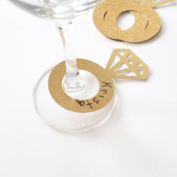 Diamond Ring wine glass tags, Glitter Ring Bridal wine glass tags, Wine glass diamond rings,  Paper engagement ring charm, Bridal Shower