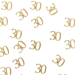 May include: Gold glitter confetti with the number 30 printed on each piece.