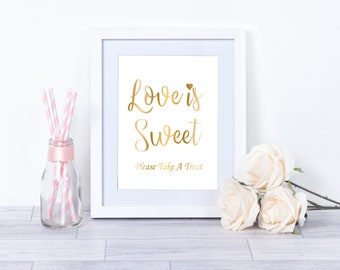 Letrero "El amor es dulce": Decoración para mesa de postres con lámina dorada (descarga digital)