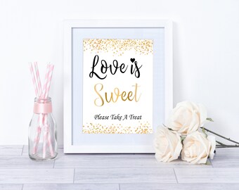 Letrero "El amor es dulce": Decoración para mesa de postres con lámina dorada (descarga digital)