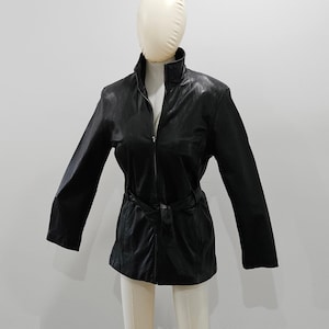 Women's black leather thigh length jacket