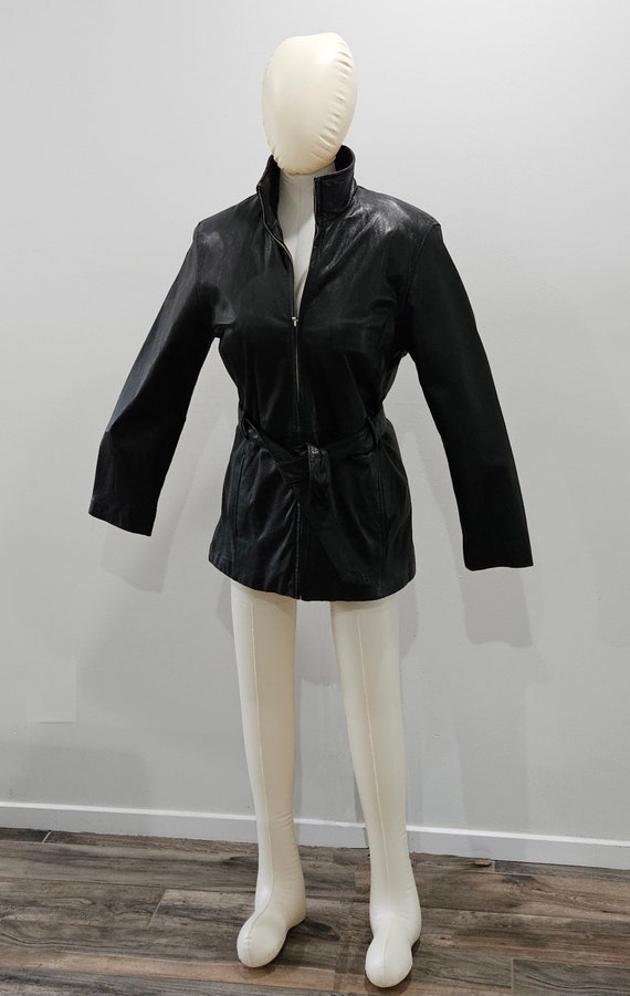Women's black leather thigh length jacket