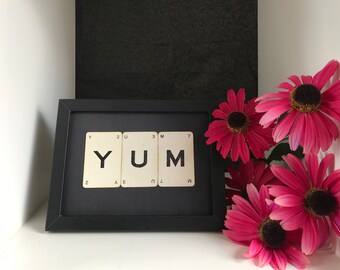 Yum wall art, Framed Words made with Vintage Letter cards, Vintage Gamecards, word art