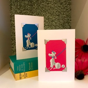 Carte à jouer vintage caniche Carte de voeux, carte caniche, upcylced, caniche rose, caniche bleu