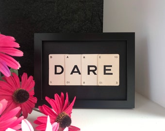 Dare wall art made with Vintage game cards, Framed Picture, positive words