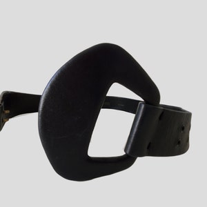 80s Vintage Black Leather Belt: Asymmetrical Buckle, Abbe Creation