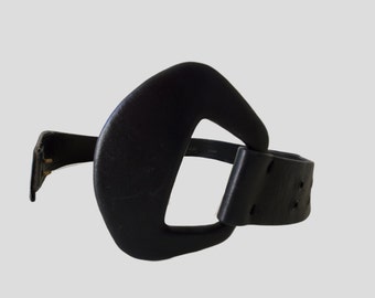 80s Vintage Black Leather Belt: Asymmetrical Buckle, Abbe Creation