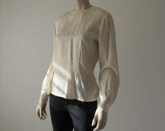 1990s Vintage Cream Silk Blouse, Dana Buchman Back Button Blouse, Peplum Top, Silk Top Women XS