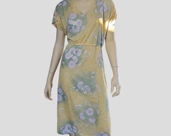 70s Yellow Floral Dress: Vintage Andrea Gayle Sheer Jersey Knit