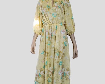1970s Floral Midi Dress, Yellow Puff Sleeve Knit, Made in USA