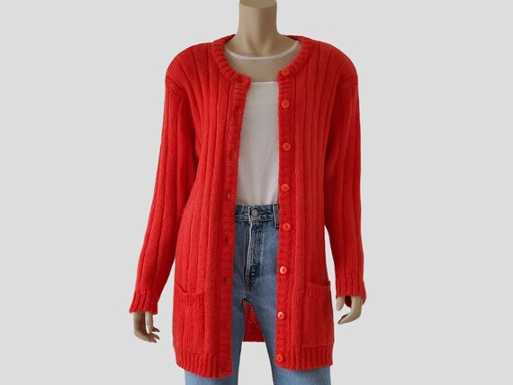 1980s Vintage Mohair Cardigan, Vermillon Red Card… - image 2