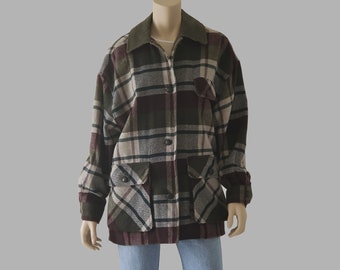 1990s Vintage Plaid Chore Jacket Women, East West Jacket, Barn Jacket, Olive Plaid, Grunge Jacket, Field Jacket