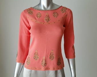 1990s Vintage Beaded Knit Top, Coral Top, Rhinestone Embellished, Viscose Rayon Top, Three Quarter Sleeves, Elegant Top, Sweater XS