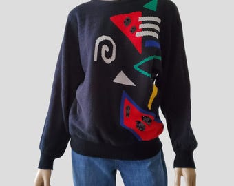 80s Vintage Color Block Wearable Art Sweater Dolman Sleeve Lurex Sequin Intarsia Primary Colors