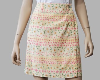 80s Vintage Floral Wrap Skirt: Yellow Linen Cotton Mini