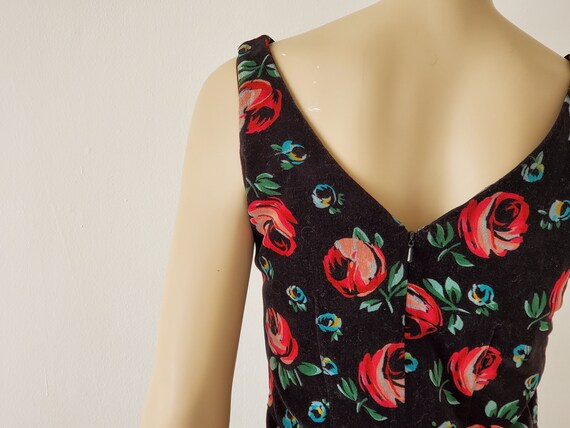 1990s Vintage Esprit Black Floral Mini Velvet Dre… - image 6