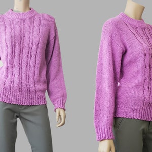 1980s Vintage Lilac Sweater, Cable Knit Sweater, Crewneck Sweater, Acrylic Sweater, Sweater Vintage, Drop Shoulder, Small, Long Sleeves