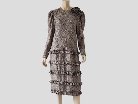 1980s Vintage Silk Tiered Ruffle Dress Long Puffy