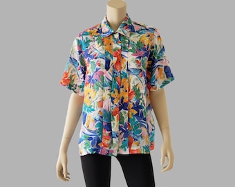 1980s Floral Camp Shirt, Vintage Boxy Button-Down Top